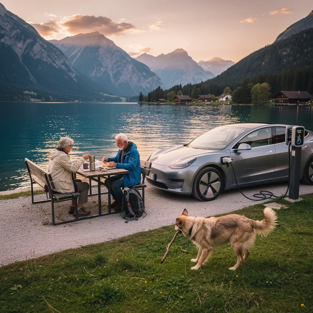 Ladestation für Elektrofahrzeuge inmitten einer schönen österreichischen Landschaft