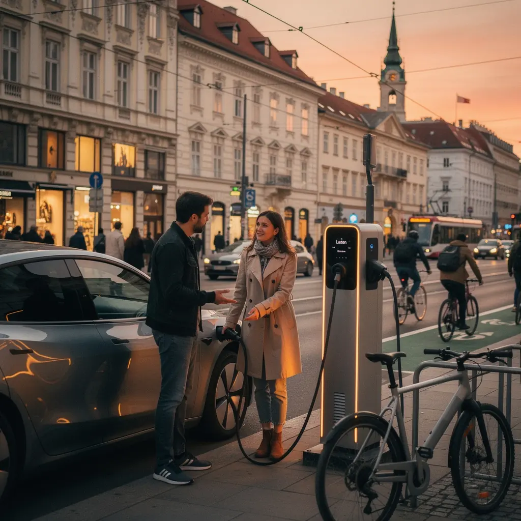 Moderne Schnellladestation umgeben von grüner Natur