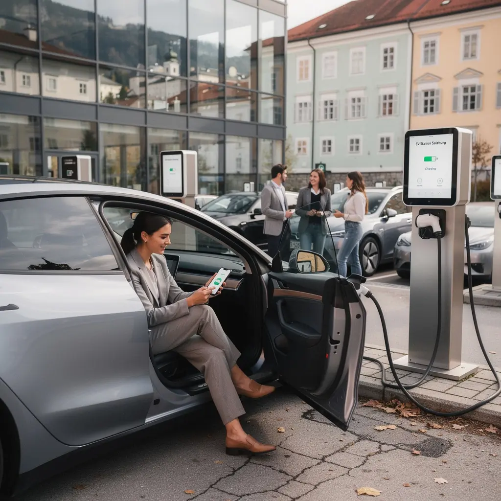 Ein Elektrofahrzeug, das an einer Schnellladestation mit erneuerbarer Energie aufgeladen wird.