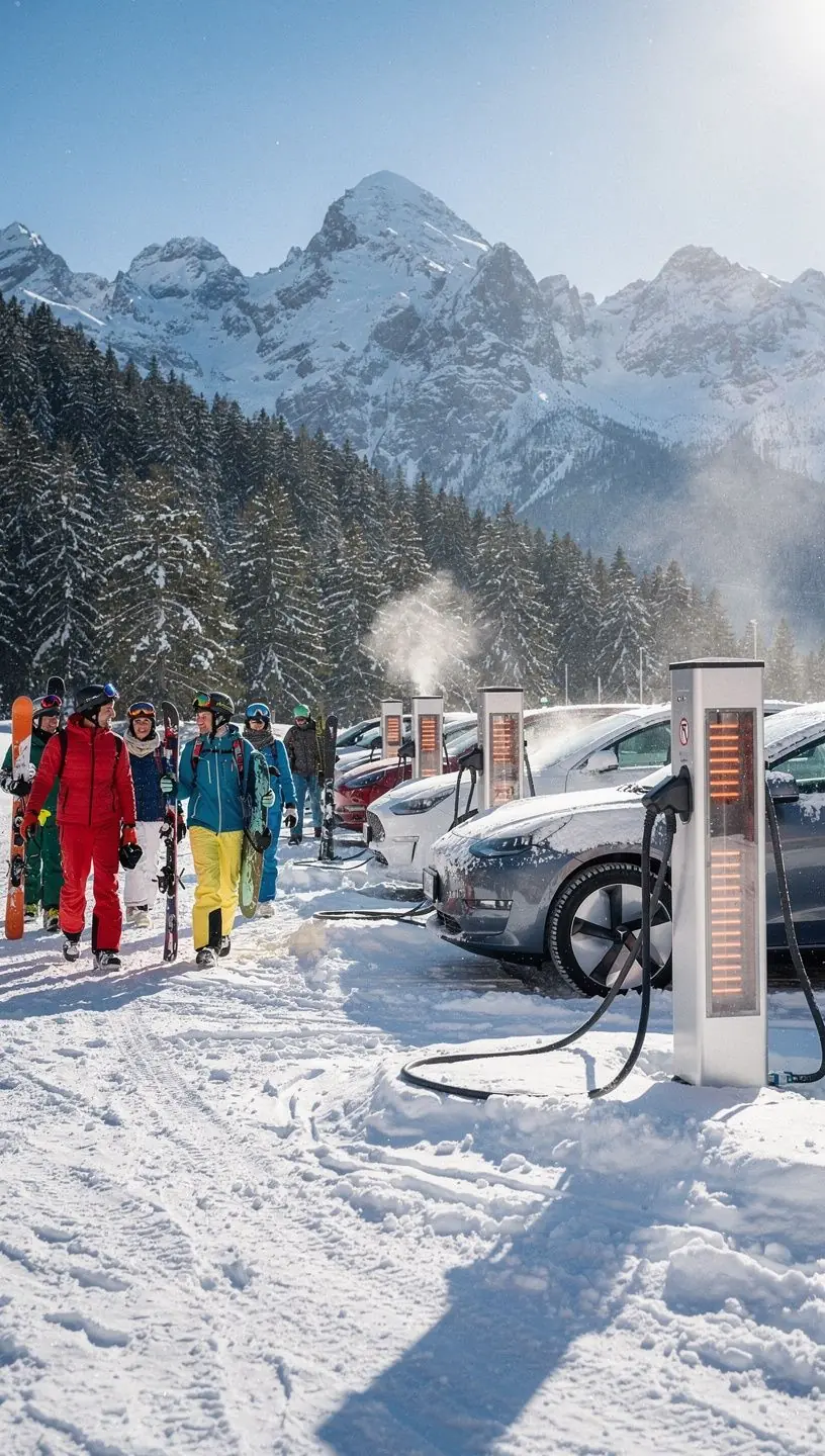 Landschaftliche Ansicht einer Elektro-Ladestation in den Alpen.