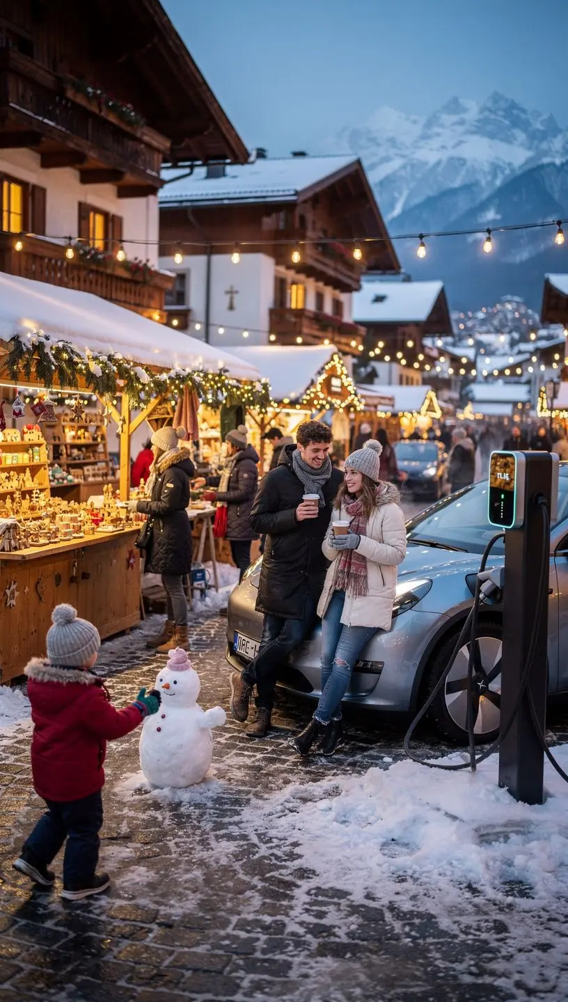 Eine moderne Elektro-Ladestation in einer malerischen Г¶sterreichischen Landschaft.