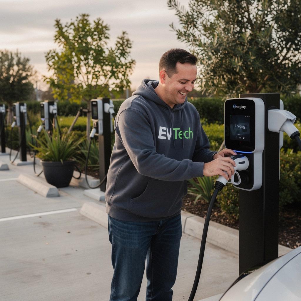 Ladesäule für Elektroautos an einem belebten Stadtplatz in Österreich